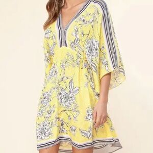 Hale Bob Yellow Floral V-Neck Mini Dress